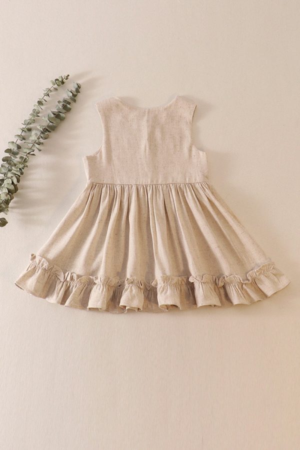 Beige ruffle button linen dress For Sale