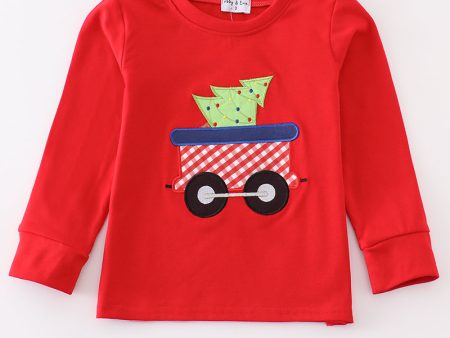 Red trolley christmas tree applique boy top Online now