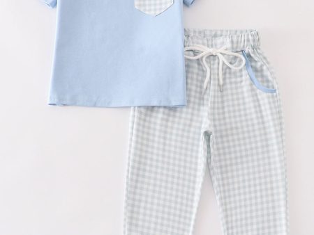 Blue gingham boy pants set For Sale