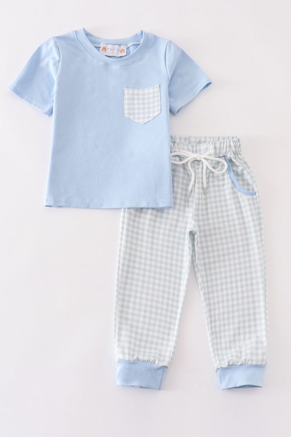 Blue gingham boy pants set For Sale