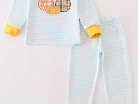 Blue stripe pumpkin applique boy set Fashion