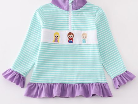 Green stripe princess embroidery girl pullover For Cheap