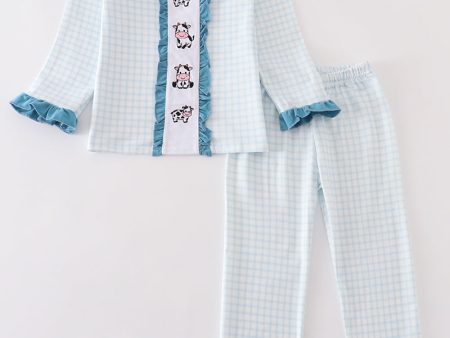 Blue gingham cow embroidery girl pajamas set Online Hot Sale