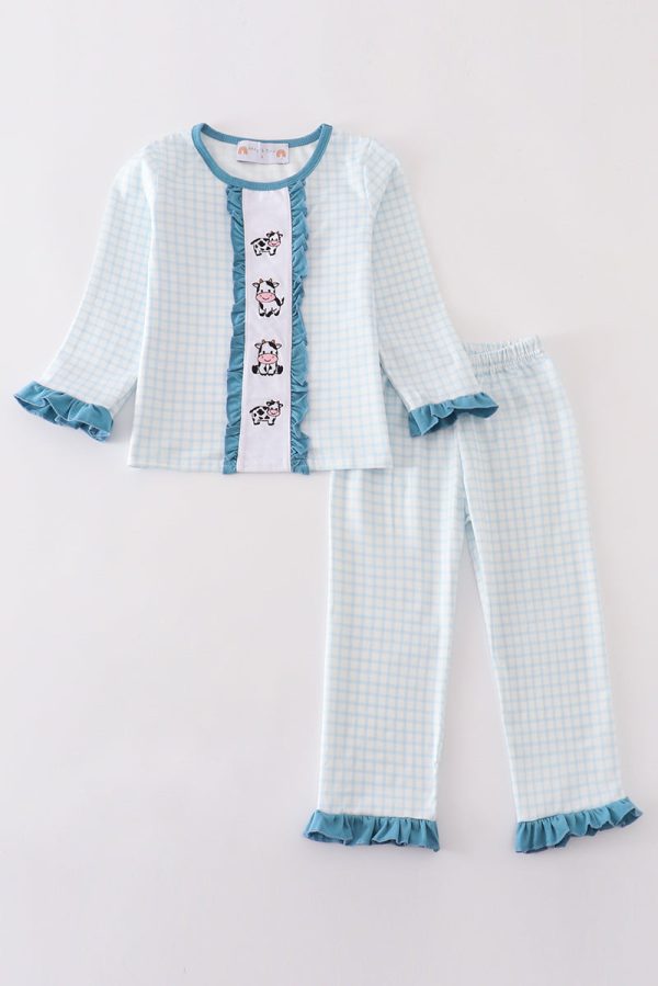 Blue gingham cow embroidery girl pajamas set Online Hot Sale