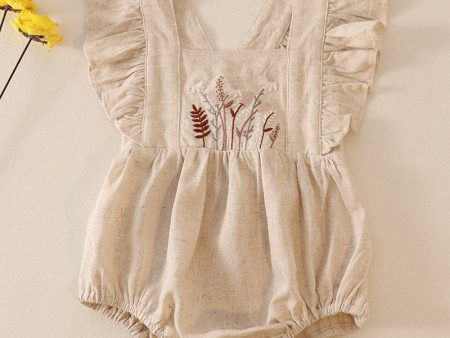 Beige linen floral embroidery  ruffle bubble Cheap