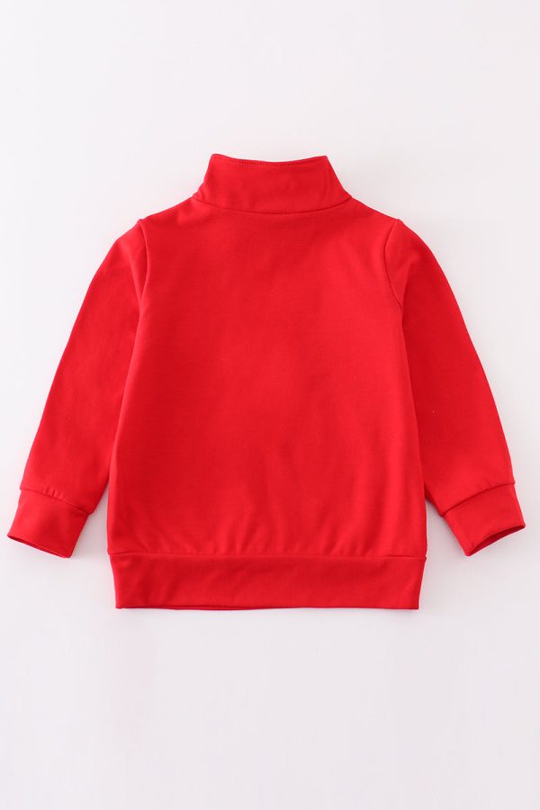 Red character embroidery boy zipper pullover For Cheap