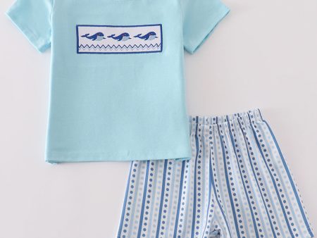 Blue whale embroidery boy set For Cheap