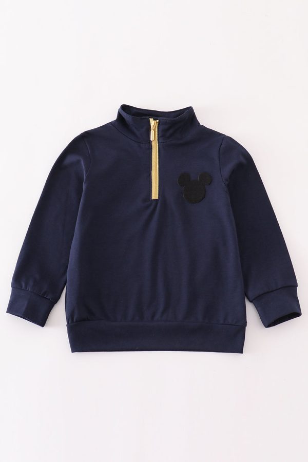 Navy character embroidery zip boy pullover Sale