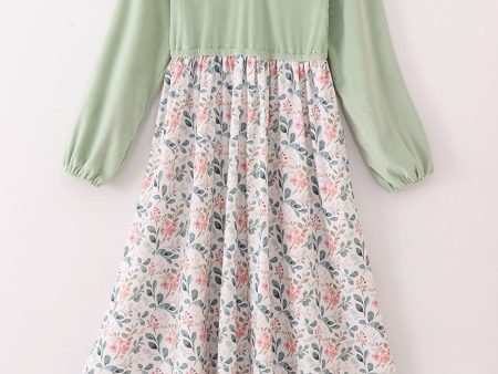 Sage floral print velvet ruffle mom dress Online Hot Sale