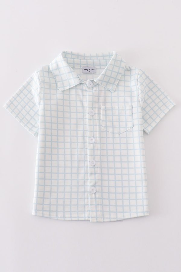 Blue checkered boy button down shirt For Cheap