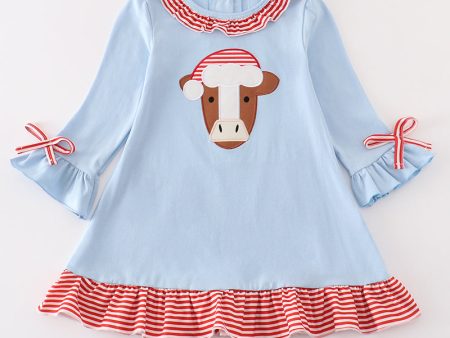 Blue christmas cow applique girl dress Online