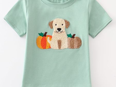 Green dog pumpkin french knot boy top For Discount