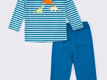 Blue stripe dinosaur applique boy set Sale