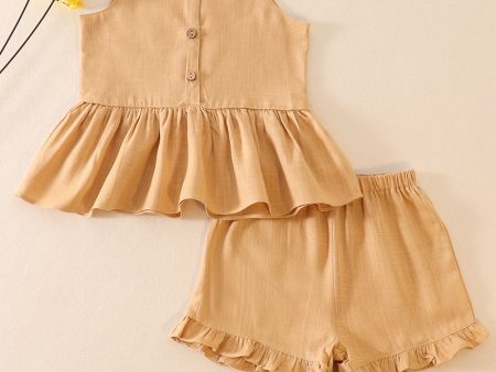 Beige linen ruffle 2pc girl set Fashion