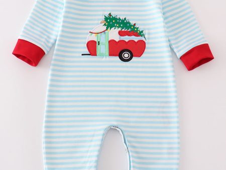 Blue christmas camper van applique boy romper on Sale