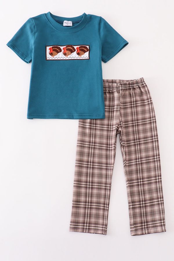 Brown plaid turkey french knot boy set on Sale