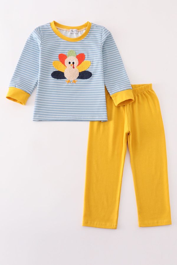 Blue stripe turkey french knot boy set Online