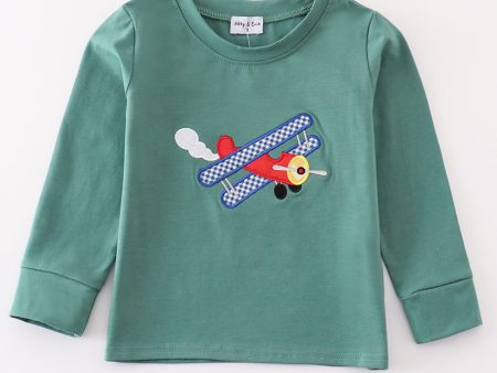 Green plane applique boy top Online