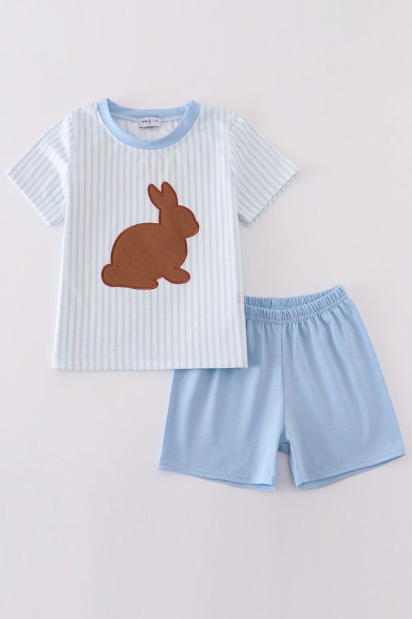 Blue easter bunny applique stripe boy set Online Hot Sale