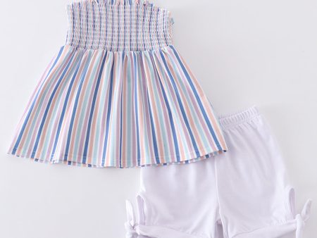 Blue stripe smocked strap girl set Hot on Sale