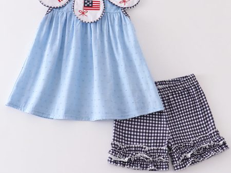 Blue patriotic flag embroidery swiss dot girl set Cheap