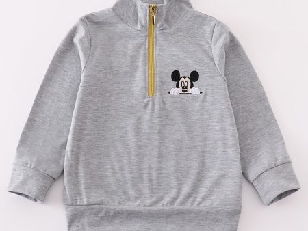 Grey character embroidery boy zipper pullover Online